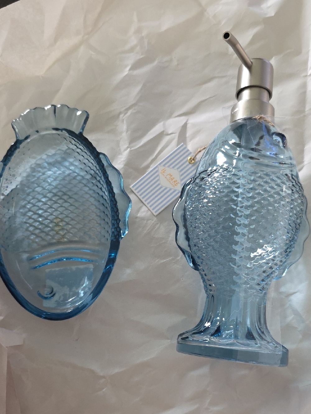 Blue Fish Glass Soap Dispenser &Blue Fish DISH  Set * NEW*